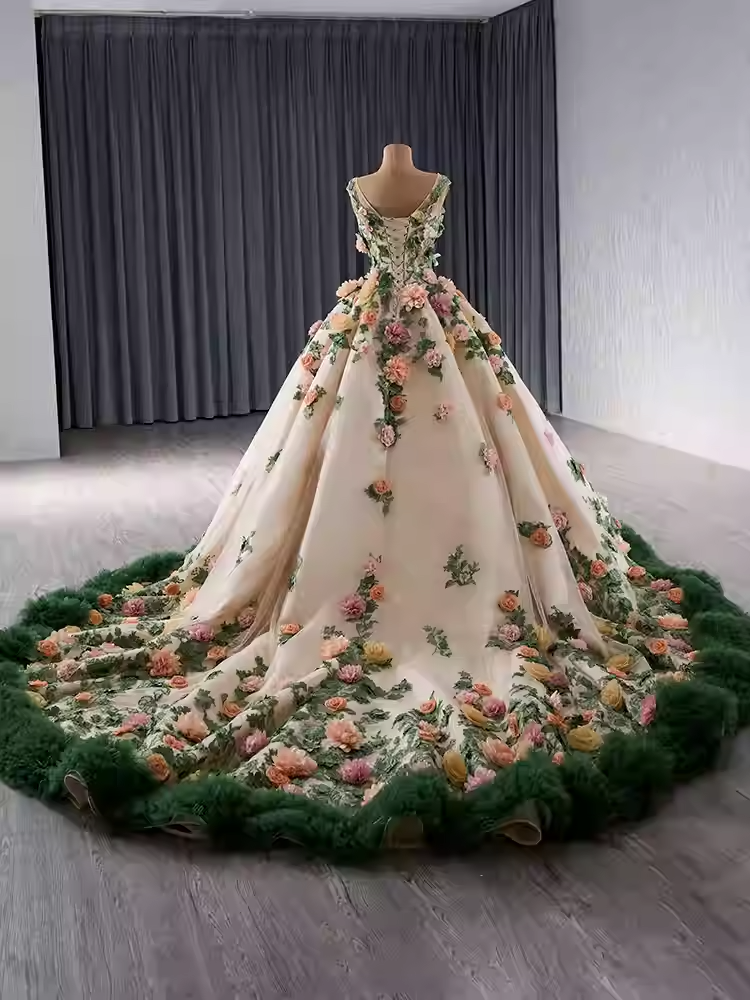 Exquisite Sleeveless Floral - Embroidered Ball Gown with Green Tulle Hem Prom Dress, BG029
