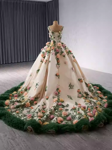 Exquisite Sleeveless Floral - Embroidered Ball Gown with Green Tulle Hem Prom Dress, BG029