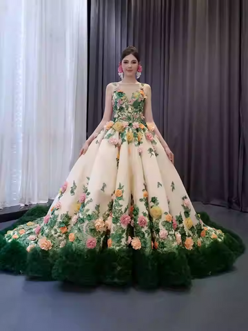 Exquisite Sleeveless Floral - Embroidered Ball Gown with Green Tulle Hem Prom Dress, BG029