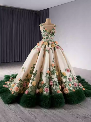 Exquisite Sleeveless Floral - Embroidered Ball Gown with Green Tulle Hem Prom Dress, BG029