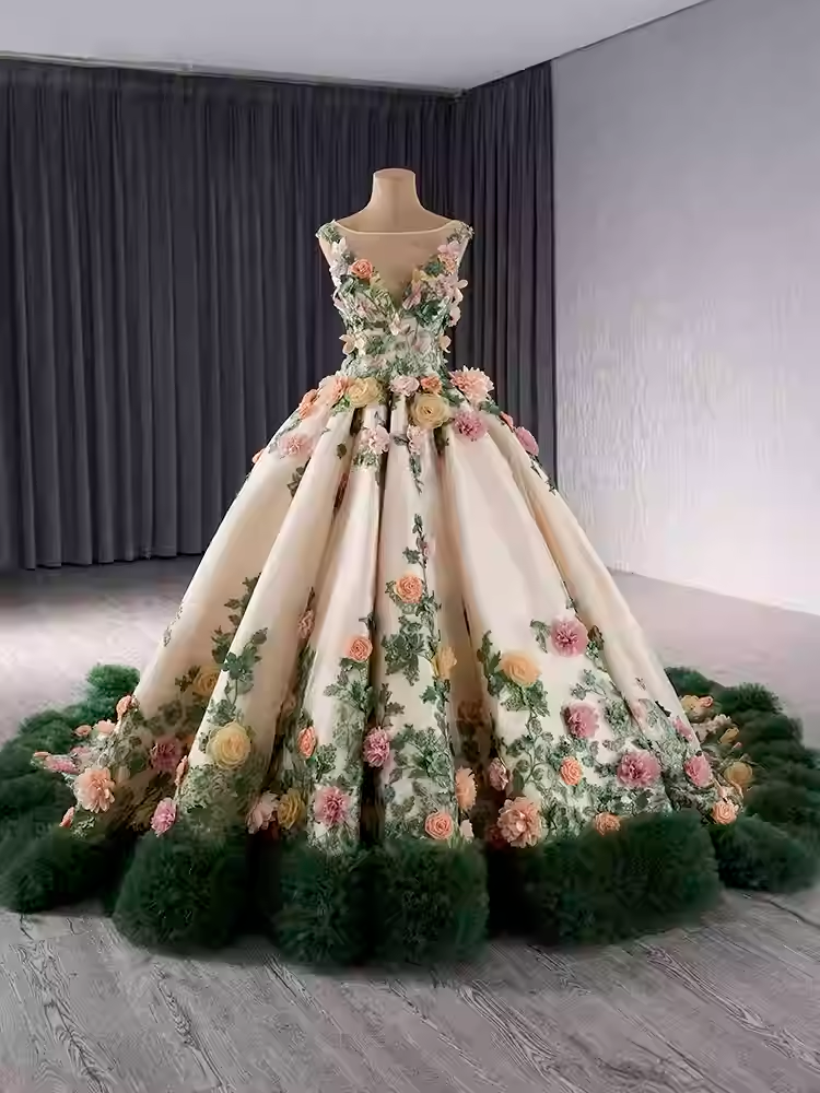 Exquisite Sleeveless Floral - Embroidered Ball Gown with Green Tulle Hem Prom Dress, BG029