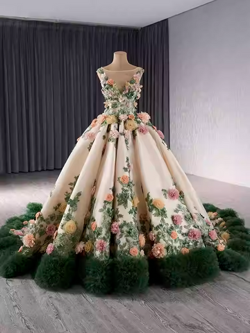 Exquisite Sleeveless Floral - Embroidered Ball Gown with Green Tulle Hem Prom Dress, BG029