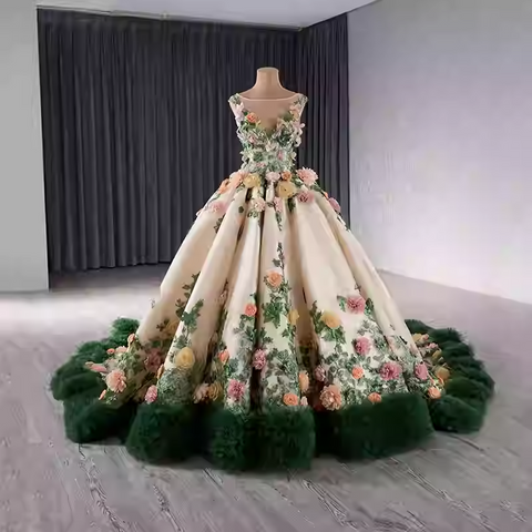 Exquisite Sleeveless Floral - Embroidered Ball Gown with Green Tulle Hem Prom Dress, BG029