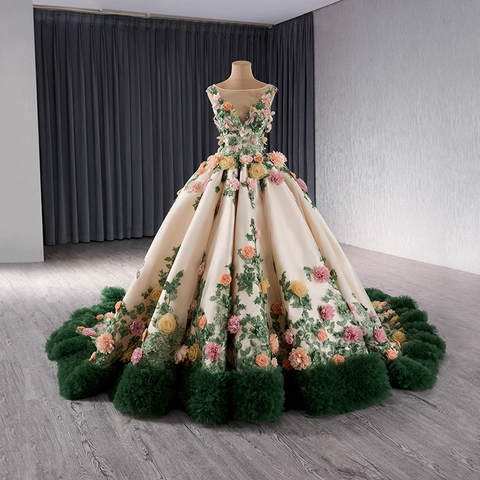 Exquisite Sleeveless Floral - Embroidered Ball Gown with Green Tulle Hem Prom Dress, BG029