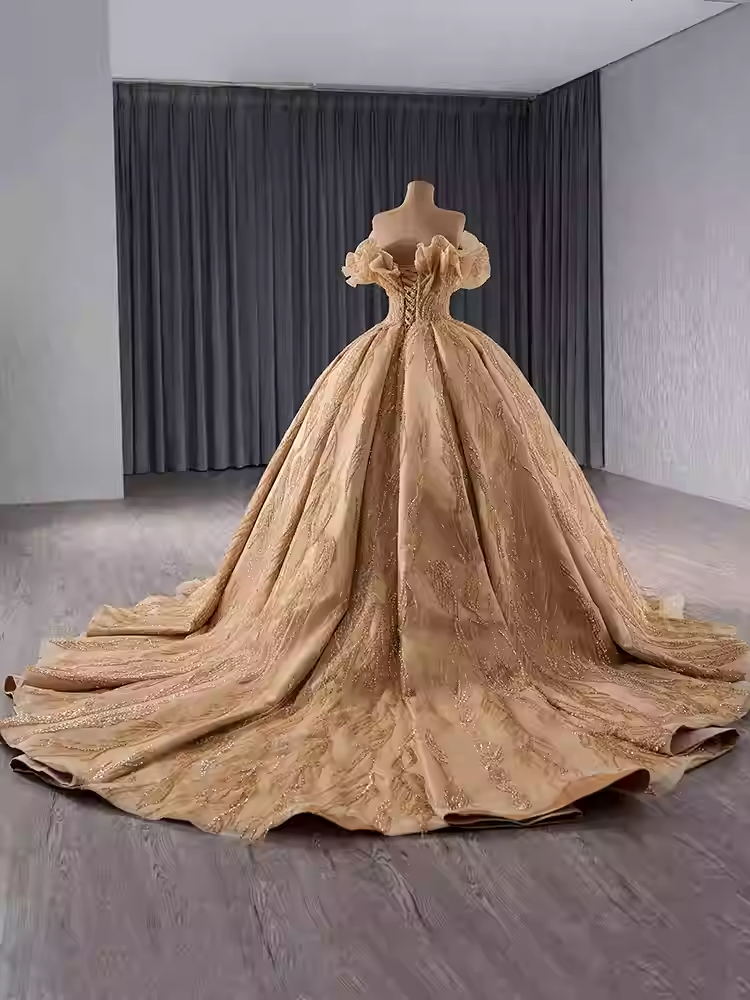 Opulent Off - Shoulder Golden Ball Gown with Intricate Embroidery and Ruffled Sleeves Prom Dress, BG030 (Copy)