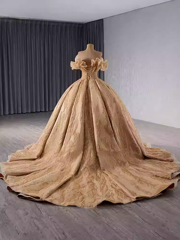 Opulent Off - Shoulder Golden Ball Gown with Intricate Embroidery and Ruffled Sleeves Prom Dress, BG030 (Copy)
