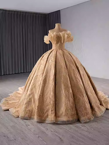 Opulent Off - Shoulder Golden Ball Gown with Intricate Embroidery and Ruffled Sleeves Prom Dress, BG030 (Copy)