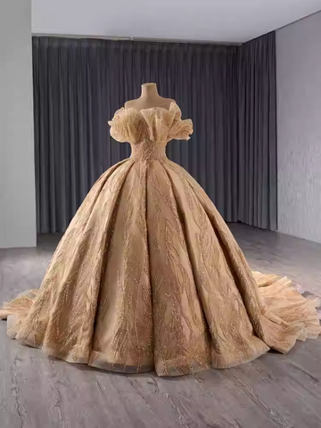 Opulent Off - Shoulder Golden Ball Gown with Intricate Embroidery and Ruffled Sleeves Prom Dress, BG030 (Copy)