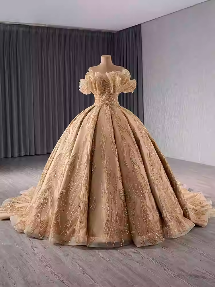 Opulent Off - Shoulder Golden Ball Gown with Intricate Embroidery and Ruffled Sleeves Prom Dress, BG030 (Copy)