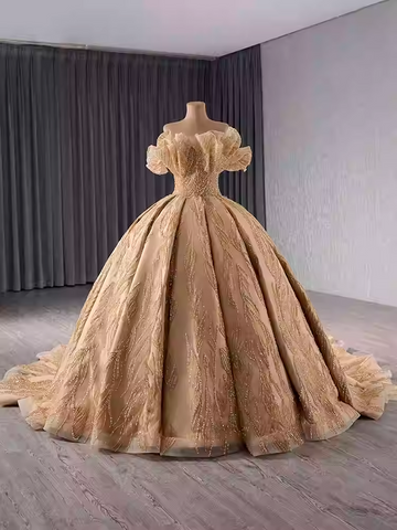 Opulent Off - Shoulder Golden Ball Gown with Intricate Embroidery and Ruffled Sleeves Prom Dress, BG030 (Copy)