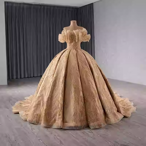 Opulent Off - Shoulder Golden Ball Gown with Intricate Embroidery and Ruffled Sleeves Prom Dress, BG030 (Copy)