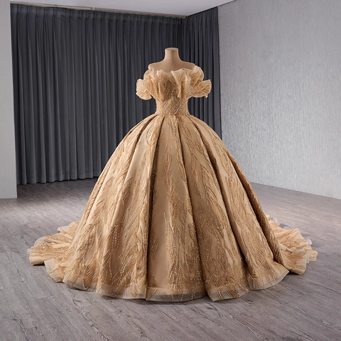 Opulent Off - Shoulder Golden Ball Gown with Intricate Embroidery and Ruffled Sleeves Prom Dress, BG030 (Copy)
