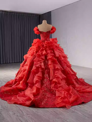 Dramatic Off - Shoulder Red Ball Gown with Voluminous Ruffled Layers Prom Dress, BG031
