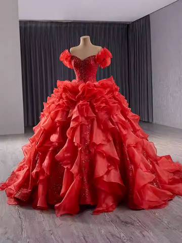 Dramatic Off - Shoulder Red Ball Gown with Voluminous Ruffled Layers Prom Dress, BG031