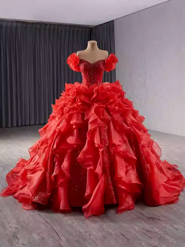 Dramatic Off - Shoulder Red Ball Gown with Voluminous Ruffled Layers Prom Dress, BG031