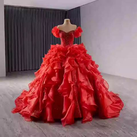 Dramatic Off - Shoulder Red Ball Gown with Voluminous Ruffled Layers Prom Dress, BG031