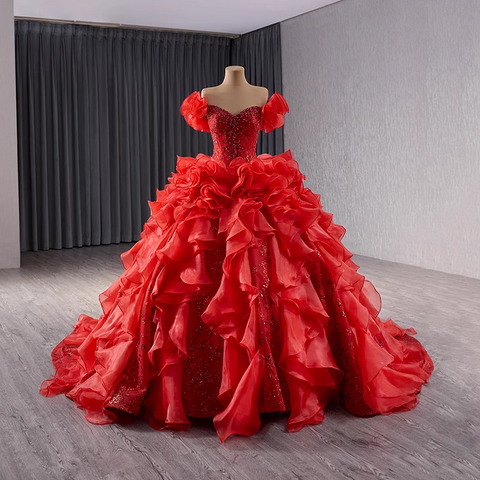 Dramatic Off - Shoulder Red Ball Gown with Voluminous Ruffled Layers Prom Dress, BG031