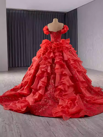 Dramatic Off - Shoulder Red Ball Gown with Voluminous Ruffled Layers Prom Dress, BG031