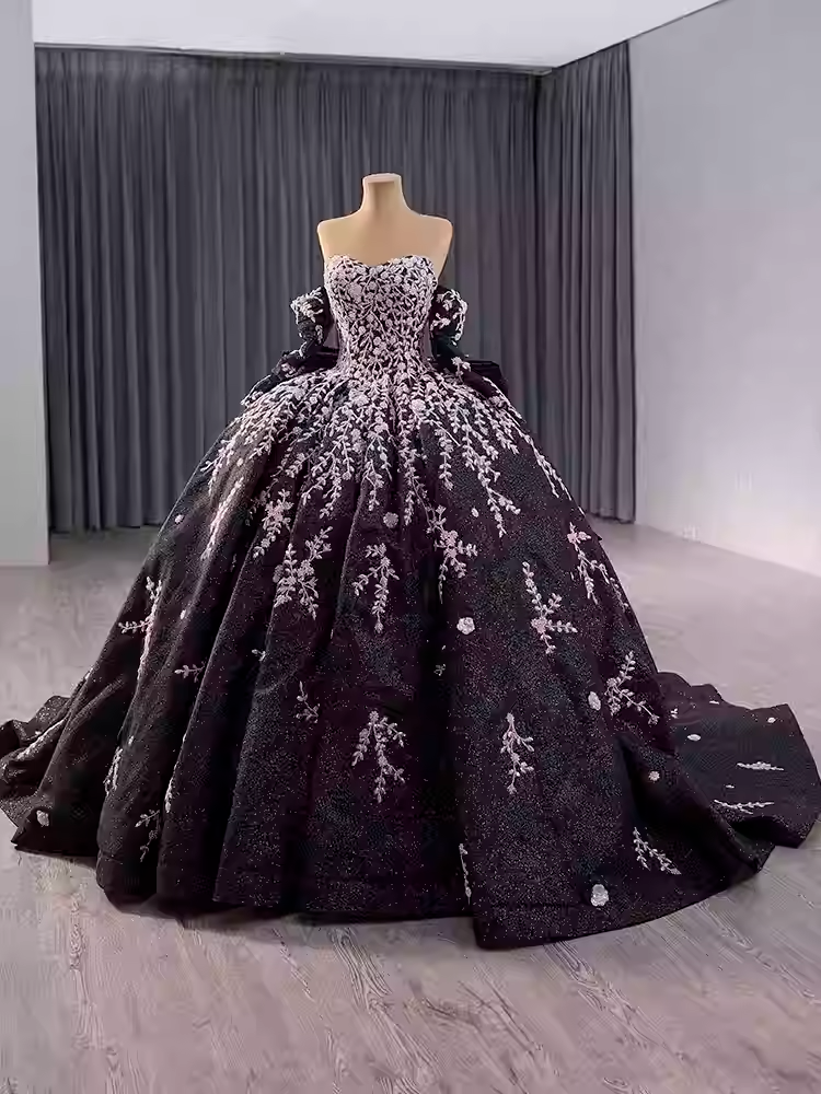 Stunning Strapless Black Ball Gown with Lavender Floral Embroidery and Long Sleeves Prom Dress, BG032