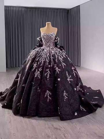 Stunning Strapless Black Ball Gown with Lavender Floral Embroidery and Long Sleeves Prom Dress, BG032