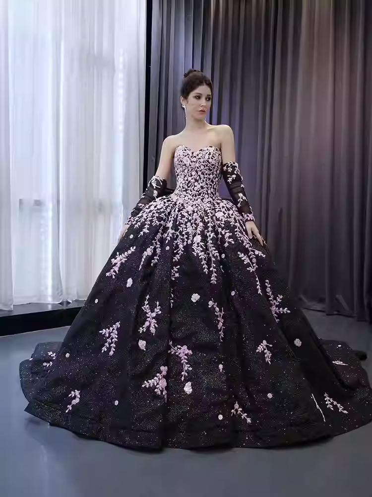 Stunning Strapless Black Ball Gown with Lavender Floral Embroidery and Long Sleeves Prom Dress, BG032