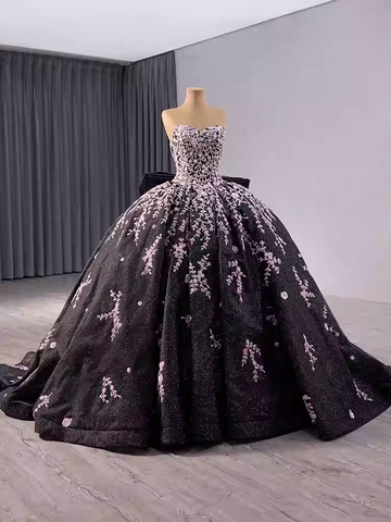 Stunning Strapless Black Ball Gown with Lavender Floral Embroidery and Long Sleeves Prom Dress, BG032
