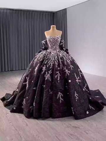 Stunning Strapless Black Ball Gown with Lavender Floral Embroidery and Long Sleeves Prom Dress, BG032