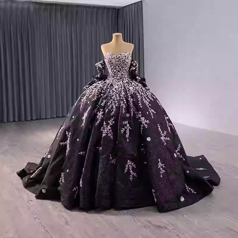 Stunning Strapless Black Ball Gown with Lavender Floral Embroidery and Long Sleeves Prom Dress, BG032