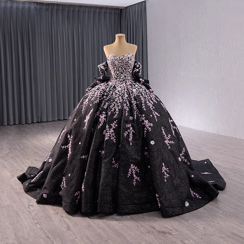 Stunning Strapless Black Ball Gown with Lavender Floral Embroidery and Long Sleeves Prom Dress, BG032