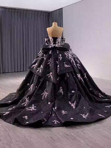 Stunning Strapless Black Ball Gown with Lavender Floral Embroidery and Long Sleeves Prom Dress, BG032