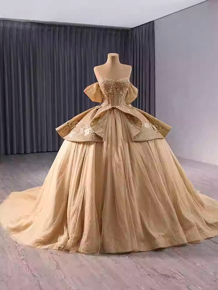Glamorous Strapless Gold Ball Gown with Sparkling Bodice and Oversized Bow Prom Dress, BG034