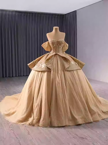 Glamorous Strapless Gold Ball Gown with Sparkling Bodice and Oversized Bow Prom Dress, BG034