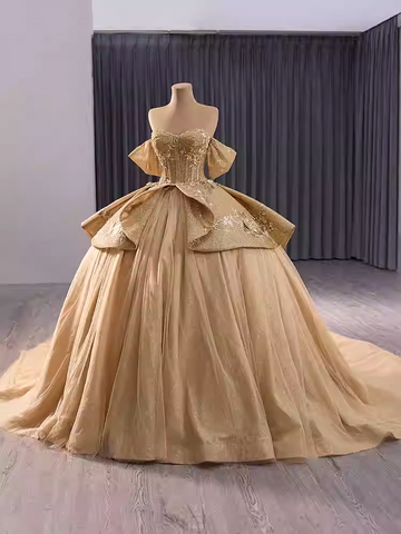 Glamorous Strapless Gold Ball Gown with Sparkling Bodice and Oversized Bow Prom Dress, BG034