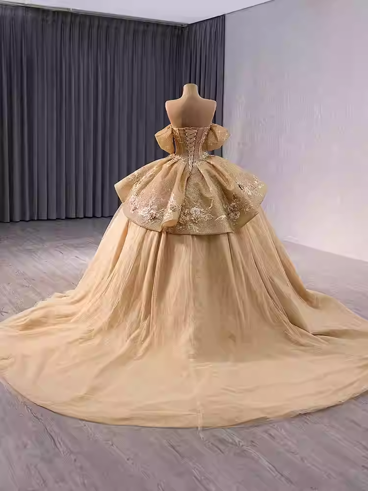 Glamorous Strapless Gold Ball Gown with Sparkling Bodice and Oversized Bow Prom Dress, BG034
