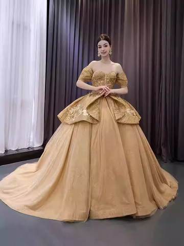 Glamorous Strapless Gold Ball Gown with Sparkling Bodice and Oversized Bow Prom Dress, BG034