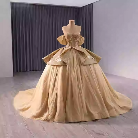 Glamorous Strapless Gold Ball Gown with Sparkling Bodice and Oversized Bow Prom Dress, BG034