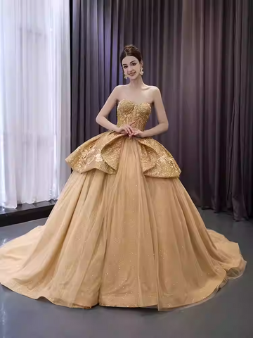 Glamorous Strapless Gold Ball Gown with Sparkling Bodice and Oversized Bow Prom Dress, BG034