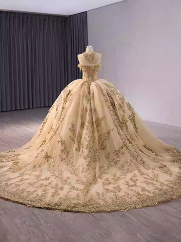 Gorgeous Golden Off - Shoulder Ball Gown with Exquisite Embroidery and Long Train  Prom Dress, BG035