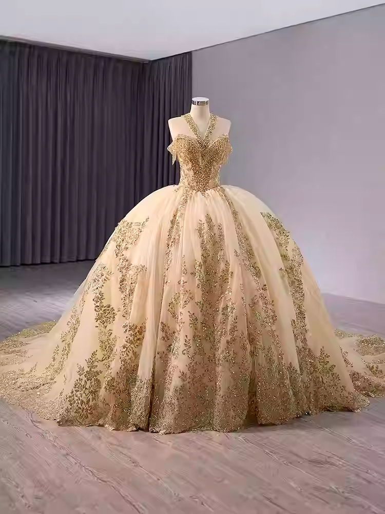 Gorgeous Golden Off - Shoulder Ball Gown with Exquisite Embroidery and Long Train  Prom Dress, BG035