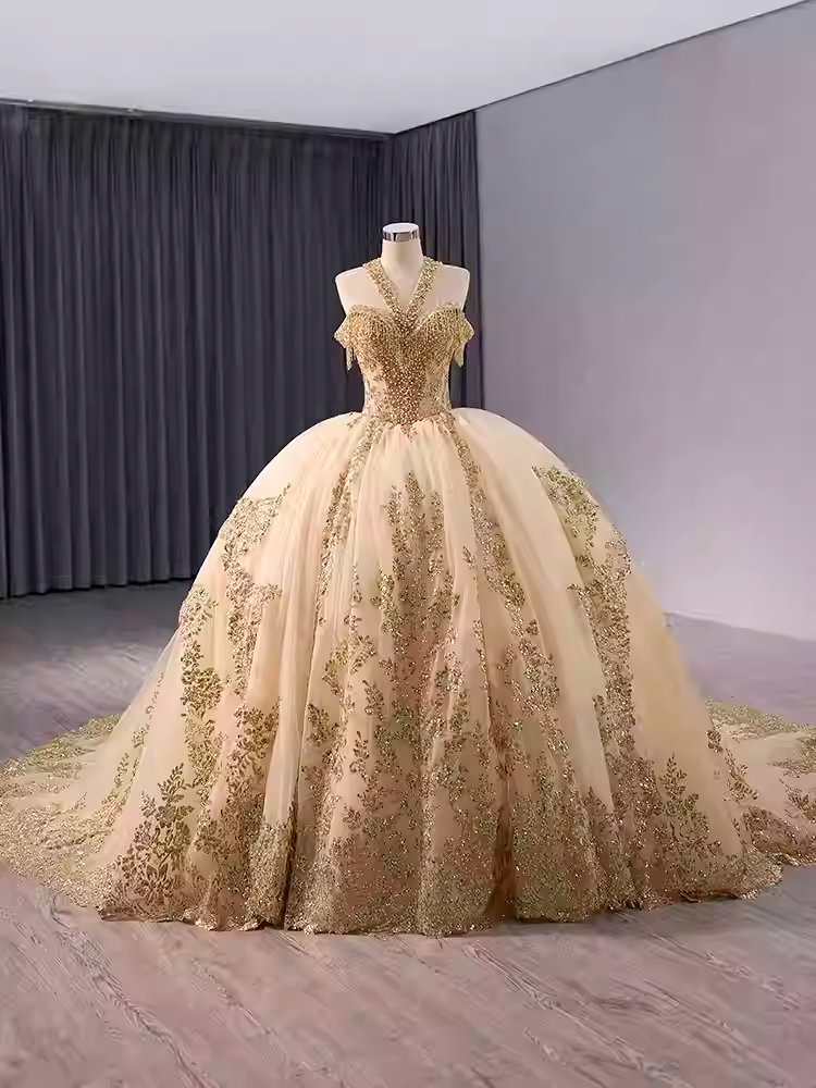 Gorgeous Golden Off - Shoulder Ball Gown with Exquisite Embroidery and Long Train  Prom Dress, BG035