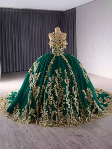 Gorgeous Golden Off - Shoulder Ball Gown with Exquisite Embroidery and Long Train  Prom Dress, BG035