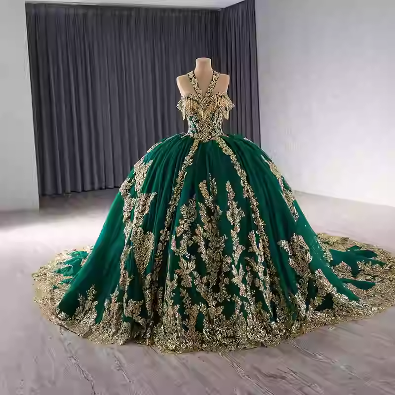 Gorgeous Golden Off - Shoulder Ball Gown with Exquisite Embroidery and Long Train  Prom Dress, BG035