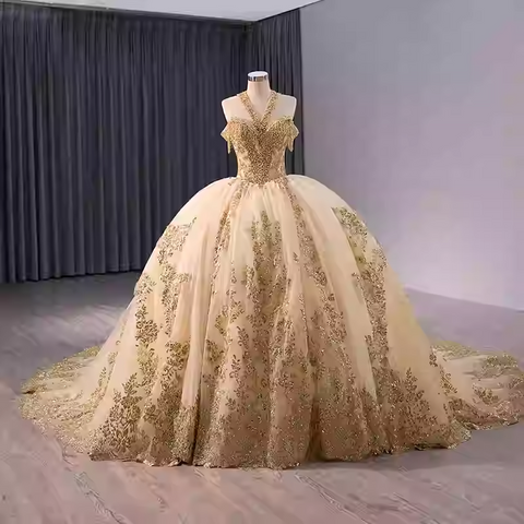 Gorgeous Golden Off - Shoulder Ball Gown with Exquisite Embroidery and Long Train  Prom Dress, BG035