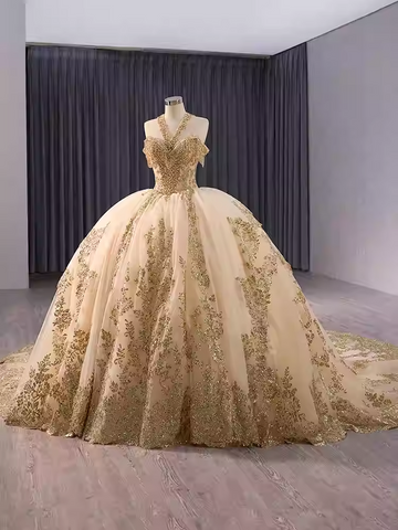 Gorgeous Golden Off - Shoulder Ball Gown with Exquisite Embroidery and Long Train  Prom Dress, BG035