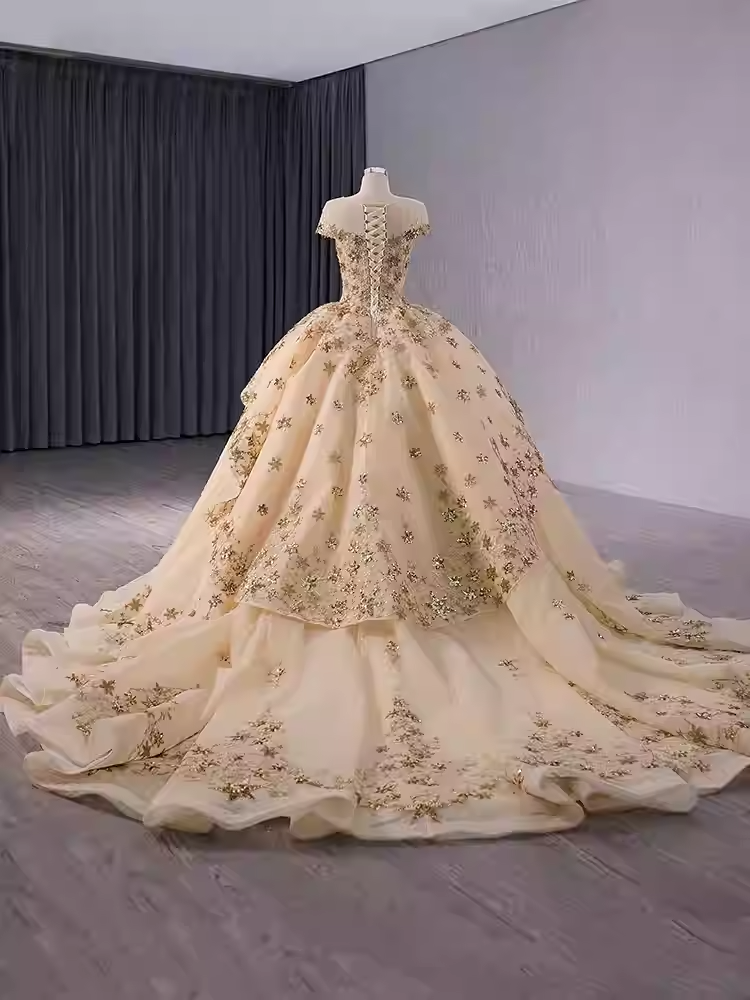 Elegant Off - Shoulder Golden Embroidered Ball Gown with Flared Dress and Long Train Prom Dress, BG036