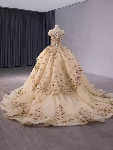 Elegant Off - Shoulder Golden Embroidered Ball Gown with Flared Dress and Long Train Prom Dress, BG036
