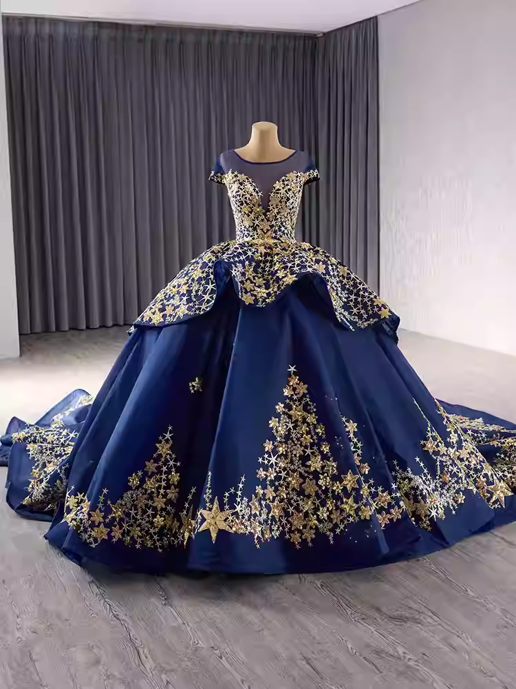 Elegant Off - Shoulder Golden Embroidered Ball Gown with Flared Dress and Long Train Prom Dress, BG036