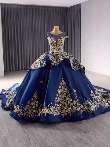 Elegant Off - Shoulder Golden Embroidered Ball Gown with Flared Dress and Long Train Prom Dress, BG036
