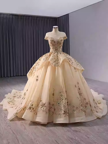 Elegant Off - Shoulder Golden Embroidered Ball Gown with Flared Dress and Long Train Prom Dress, BG036