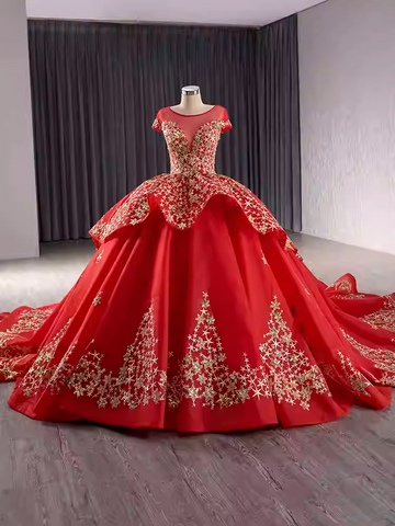 Elegant Off - Shoulder Golden Embroidered Ball Gown with Flared Dress and Long Train Prom Dress, BG036